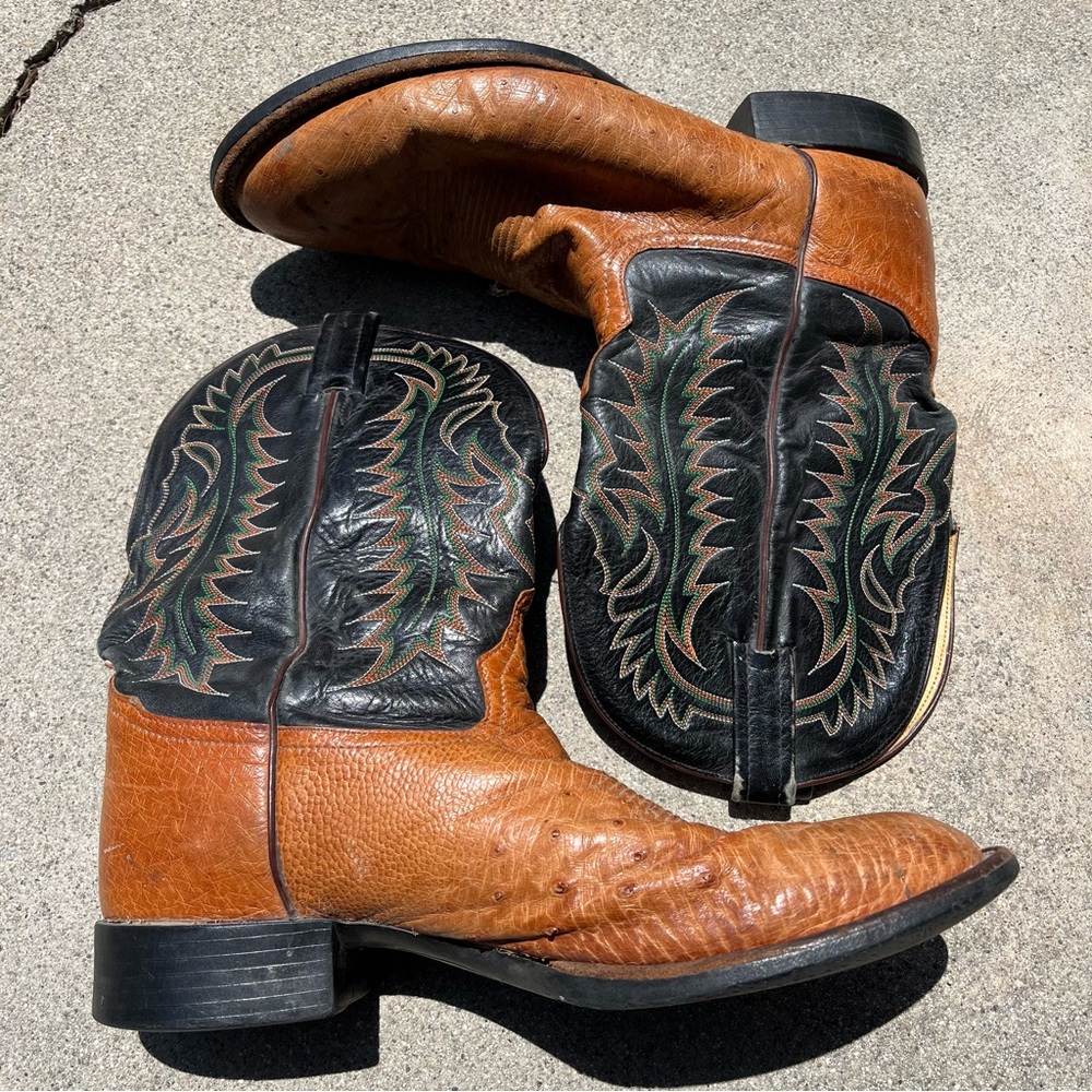 TONY LAMA Rare Vintage Black Brown Embroidered Ostrich Leather Cowboy Boots